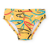 Costume da bagno giallo con squali colorati per bambini.