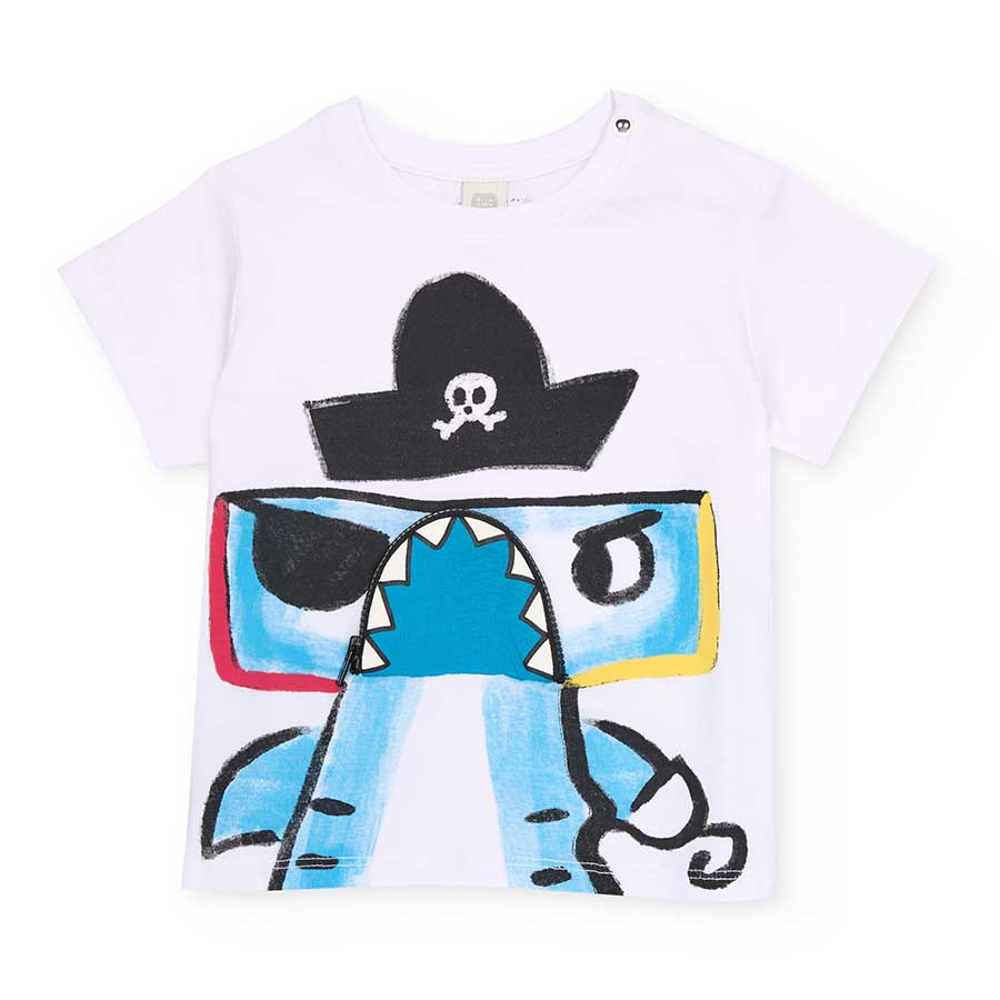 T-shirt from the Children's Clothing Line tuc Tuc, featuring a pirate print on the front and a sm...