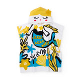 Poncho bianco con cappuccio giallo e stampa sirena, fiori e stelle in colori vivaci