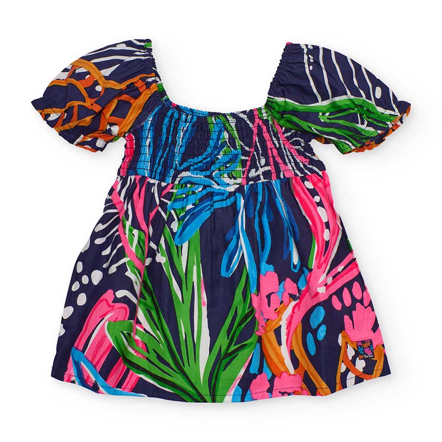 Cotton dress from the Tuc Tuc Girls' Clothing Line, with puff sleeves and elastic at the bust, fe...