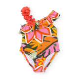 Costume da bagno intero per bambina, con colori vivaci e dettagli floreali.