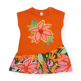 Abito jersey arancione con dettagli floreali per bambina.