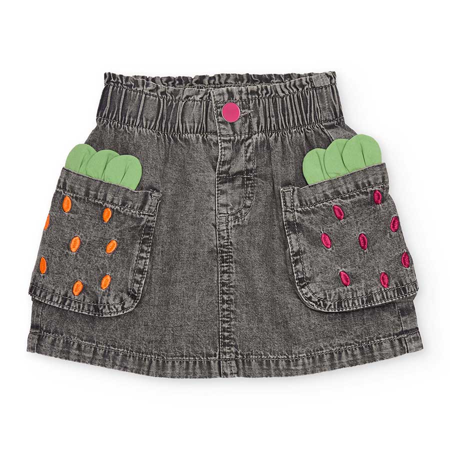 Denim shorts from the Tuc TUc Girls' Clothing Line, with an elastic waistband and embroidery on t...