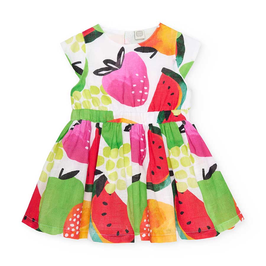 Dress in a linen blend from the Tuc Tuc Girls' Clothing Line, featuring a colorful fruit pattern ...