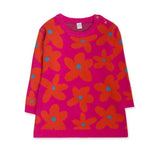 Abitino tricot fucsia con fantasia floreale arancione e blu.