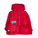 Parka imbottito rosso con cappuccio e tasche per bambina.