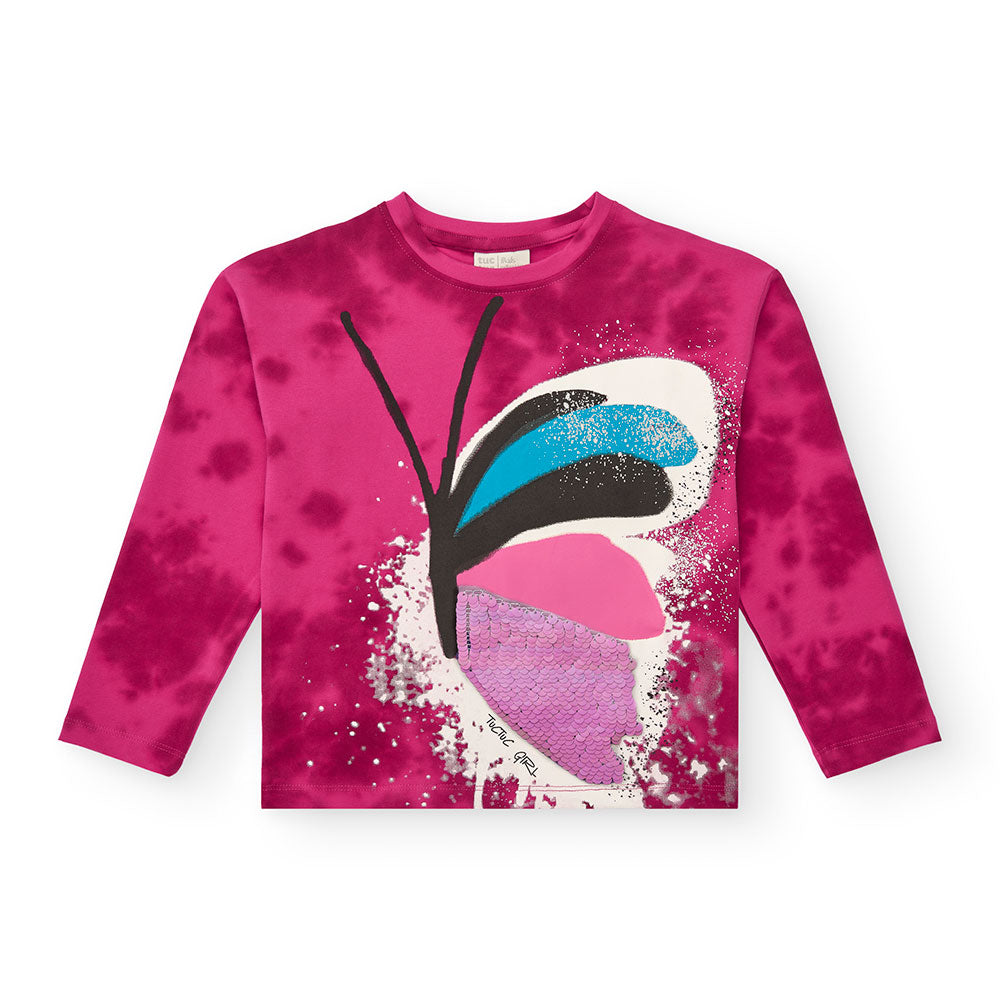 Tuc Tuc Girls' Clothing Line T-shirt, with multicolor print on a fuchsia background. 
Composition...