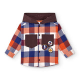 Camicia a quadri con cappuccio in cotone per bambini, tonalità calde e dettagli divertenti.