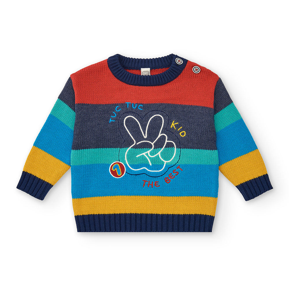Sweater from the Tuc Tuc Children's Clothing Line, featuring a striped pattern and small embroide...