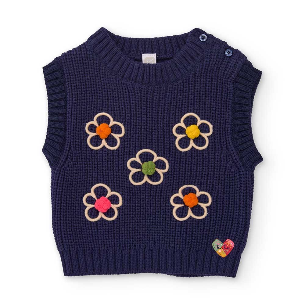 Knitted vest from the Tuc Tuc Girls' Clothing Line, with multicolored flowers applied on the fron...