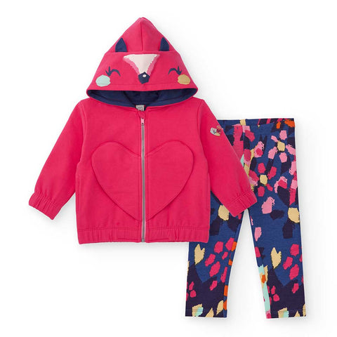 Tuta bambina con felpa a cappuccio rosa e leggings multicolor.
