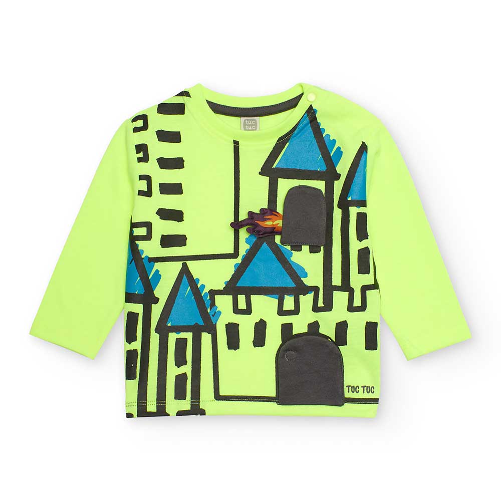 T-shirt from the Tuc tuc Children's Clothing Line, with a colorful print on the front on a fluore...