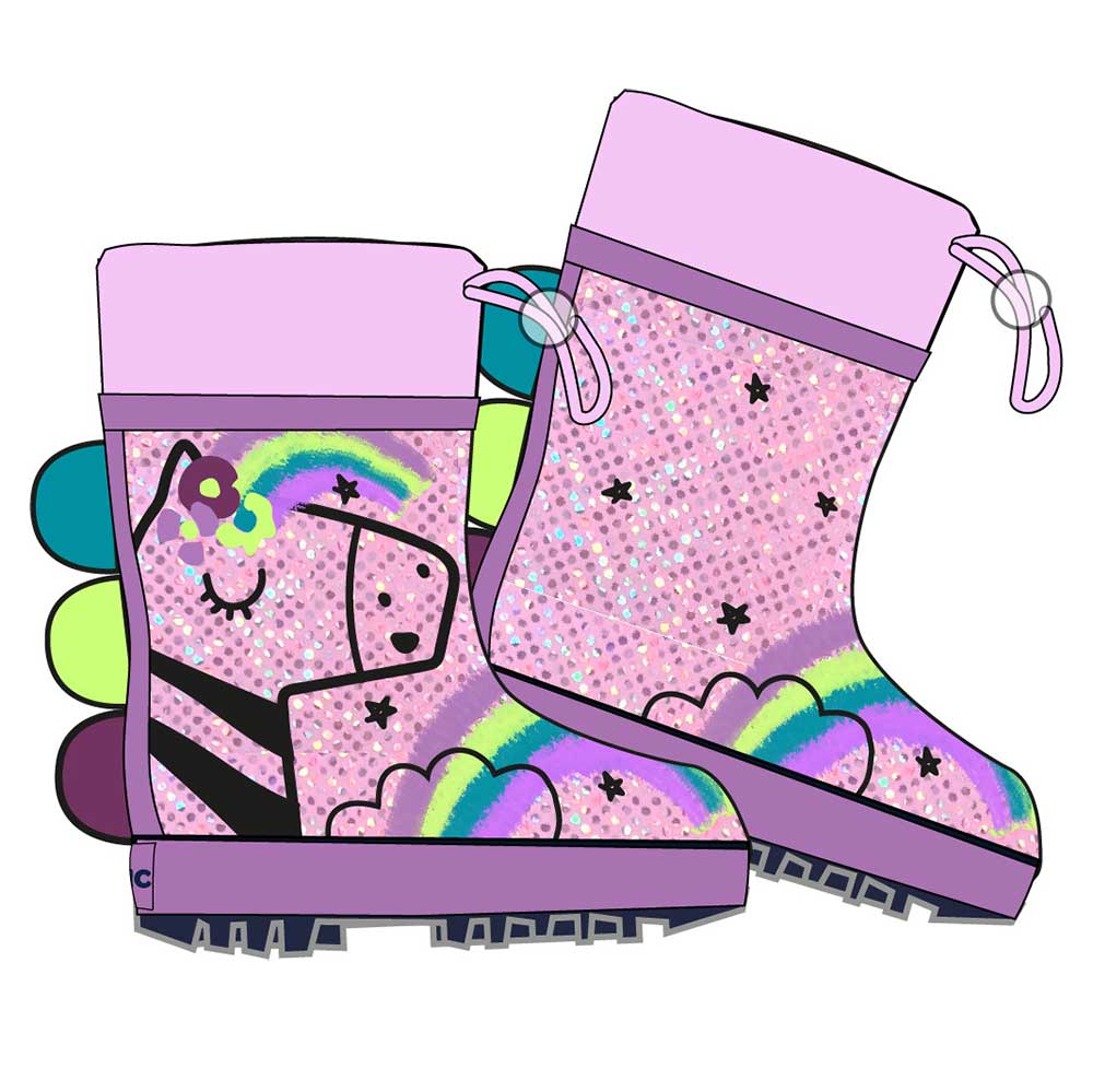 Rain boots from the Tuc Tuc Girls' Clothing Line, with unicorn designs and glitter details.
 Comp...