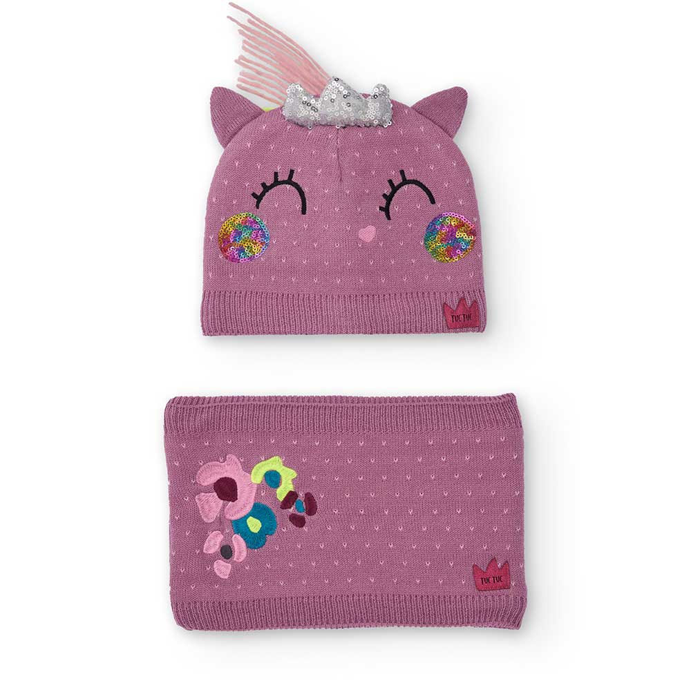 Set of the Girl's Clothing Line Tuc Tuc, with a hat embroidered with fringes and a neck warmer wi...