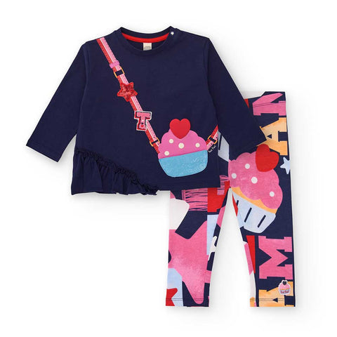 Completo t-shirt a maniche lunghe con leggings multicolore per bambina.