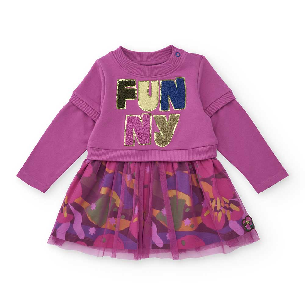 Dress from the Tuc Tuc Girls' Clothing Line, with a sweatshirt top and a tulle skirt on a multico...