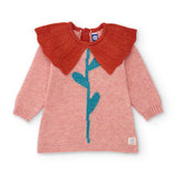 Abito maglia lungo rosa con grande colletto rosso e disegno a stelo verde