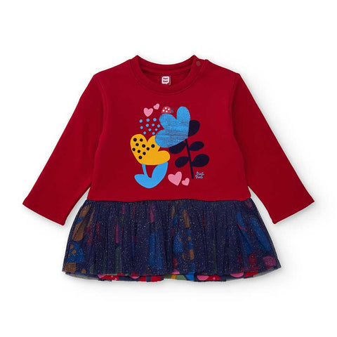 Vestito rosso con stampa colorata e gonna in tulle blu glitterato per bambina
