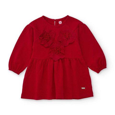 Vestito rosso manica lunga con decorazioni floreali in rilievo davanti