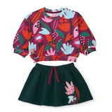 Completo bambina con felpa girocollo a fiori multicolori e gonna verde scuro con dettaglio floreale
