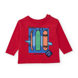 Maglia rossa a manica lunga con stampa colorata di skateboard e dinosauri