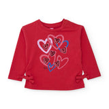 Maglia manica lunga rossa con fantasia di cuori rosa e blu, fiocchi alle maniche