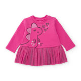 Abito maglia rosa fucsia con gonna tulle glitter e disegno dinosauro con cuori