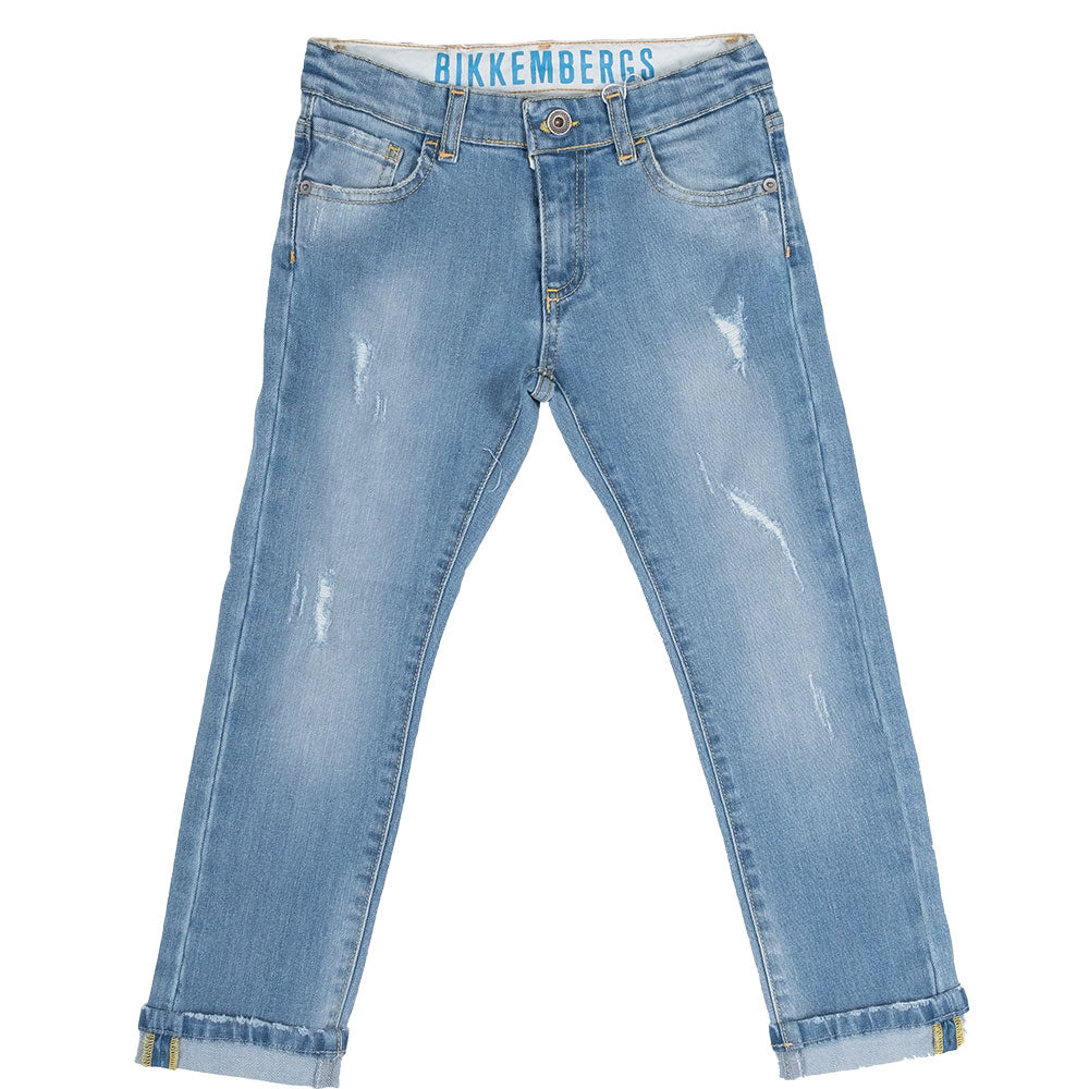 
  Jeans from the Bikkembergs children's clothing line with light wash and size
  adjustable at t...