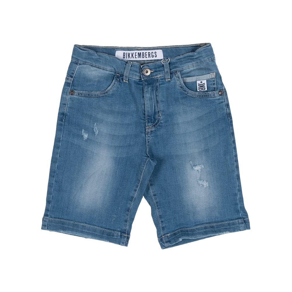 Denim shorts from the Bikkembergs children's clothing line, five-pocket model and adjustable size...