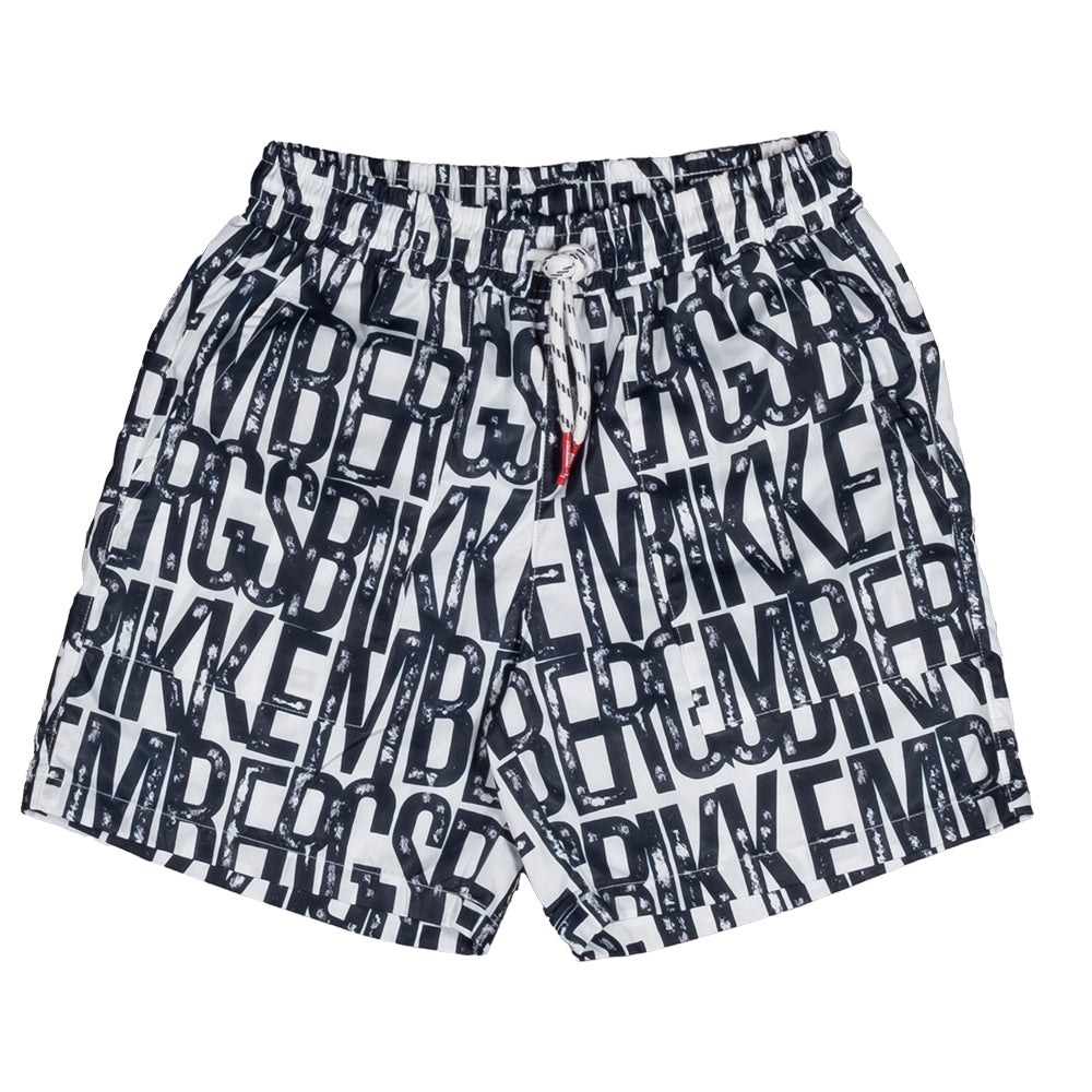 Swim shorts from the Bikkembergs children's clothing line, with drawstring waist and all-over log...