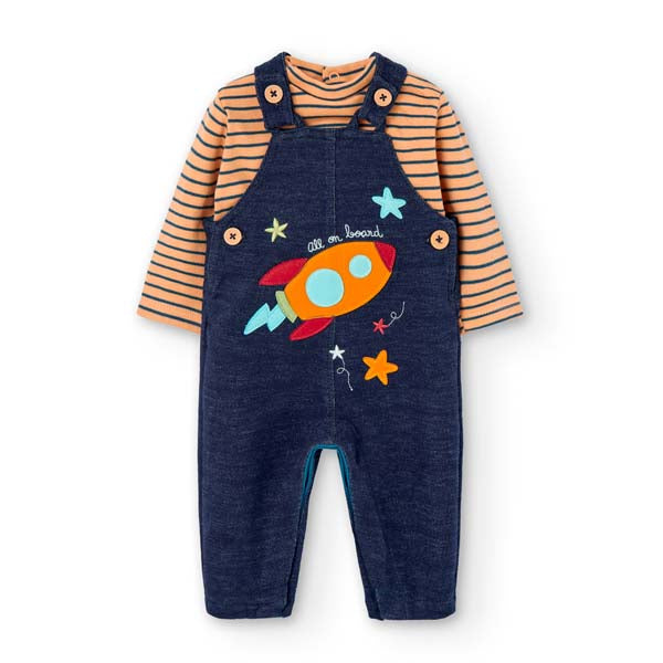 
Dungarees set from the Boboli Children's Clothing Line, with striped t-shirt, and solid color du...