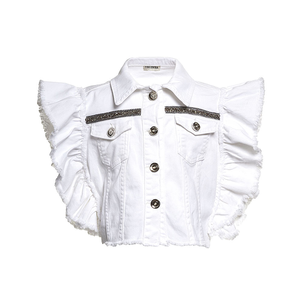 
  Denim jacket from the Fracomina Girls' clothing line, sleeveless and rich
  ruffles on the sid...
