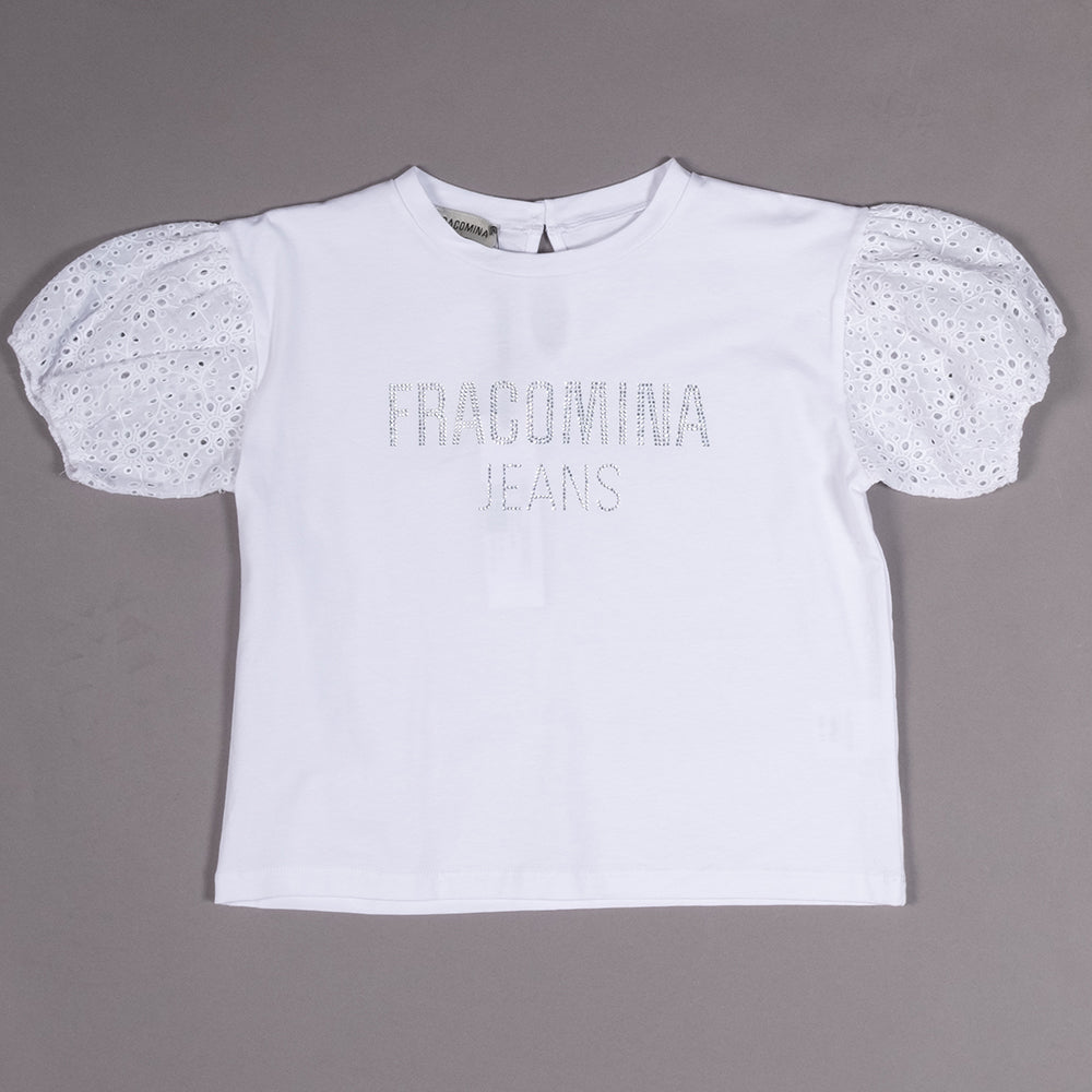 
T-shirt from the Clothing Line Bambina Fracomina, with handles in lace sangallo, and application...