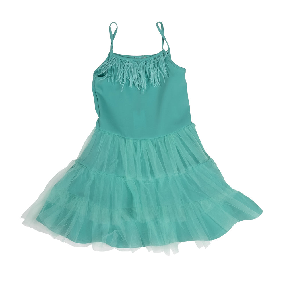 
Elegant dress of the Clothing Line Girls Fracomina, with feathers on the neckline and tulle on t...