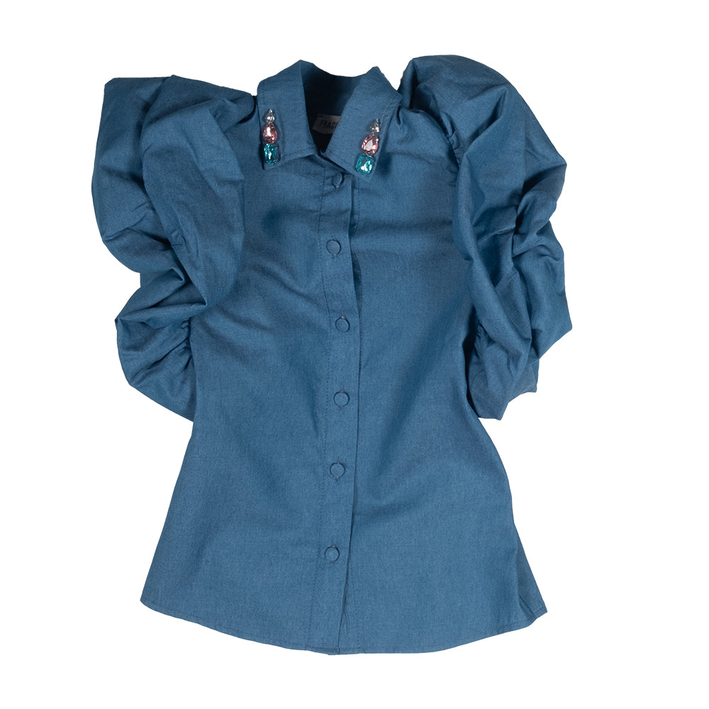 
Elegant blouse of the Fracomina Girlswear Line, in jeans, with butterfly straps and gemstones ap...