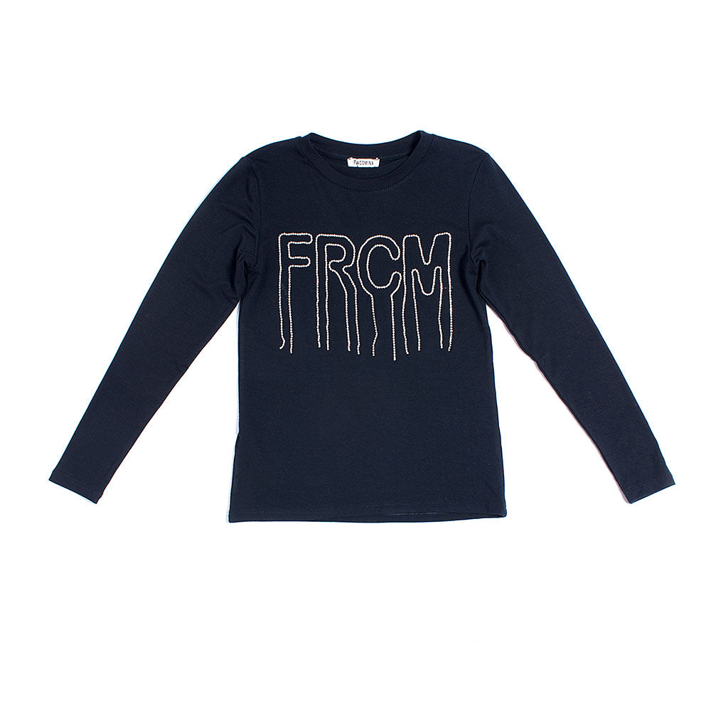 
  T-shirt from the Fracomina Mini girl's clothing line, with writing on the front
  in tiny rhin...