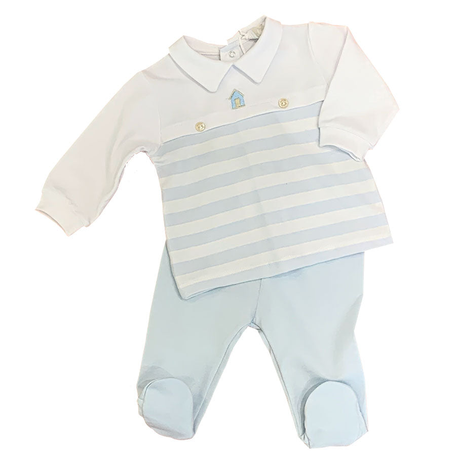 
  2 pcs. Lalalu Kids' Line set with plain trousers and blouse
  striped with little buttons on t...