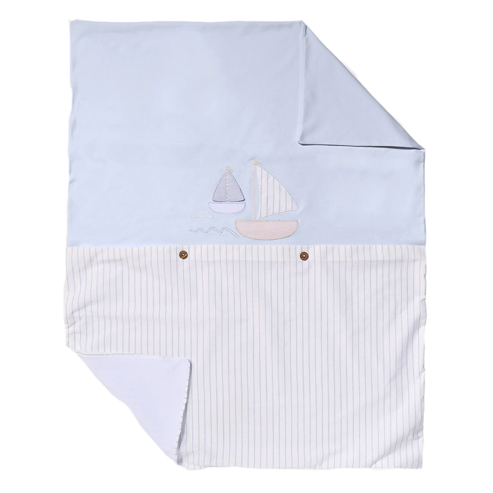 
  Cover from the Lallù children's clothing line, with light blue base and bottom
  in striped fa...