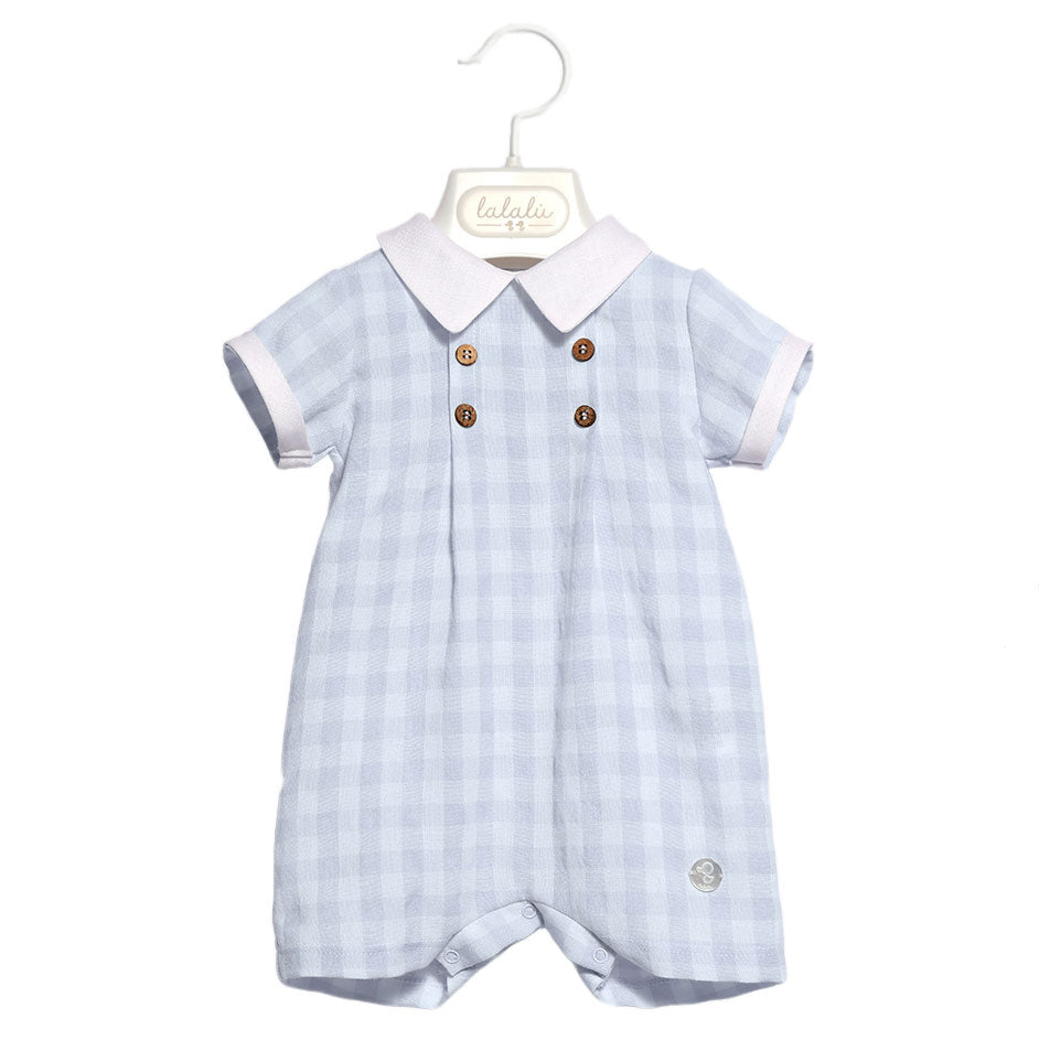 
  Romper from the Lalalù baby line, with buttoning on the back and on the bottom.
  Shirt collar...