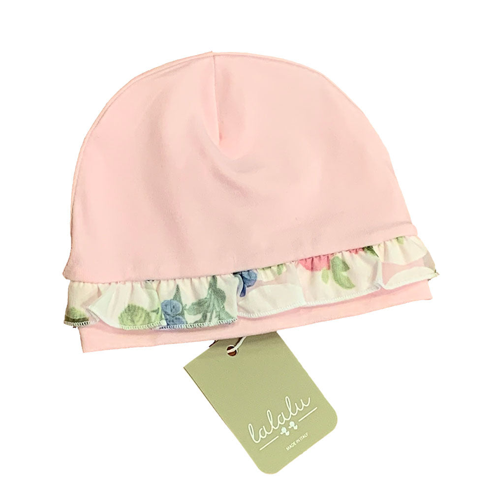 
Jersey bonnet from the Lalalù Girl's Clothing Line, with floral patterned fabric application. 

...