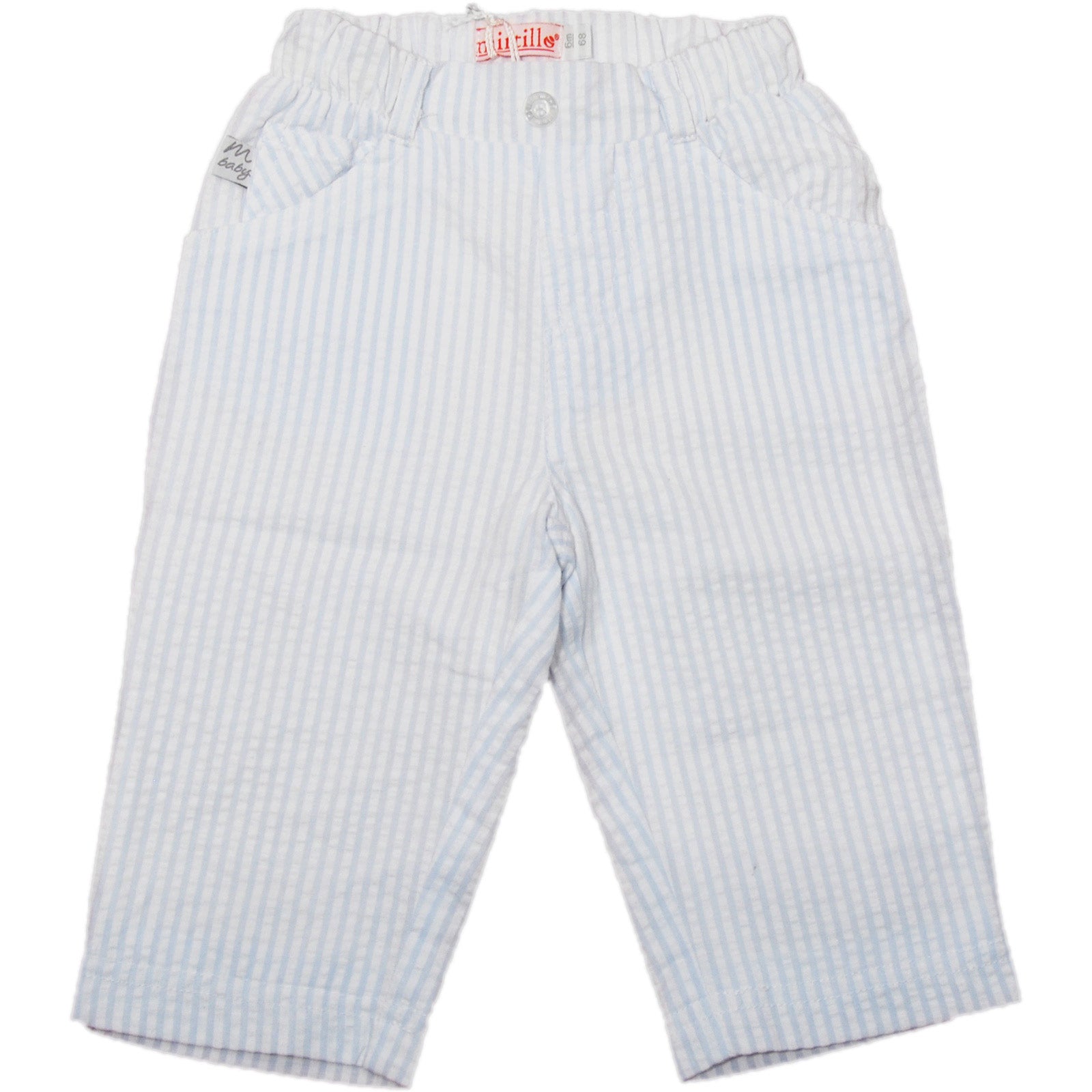 
  Boy's clothing line Mirtillo pants in striped cotton, white and light blue, with inner lining....