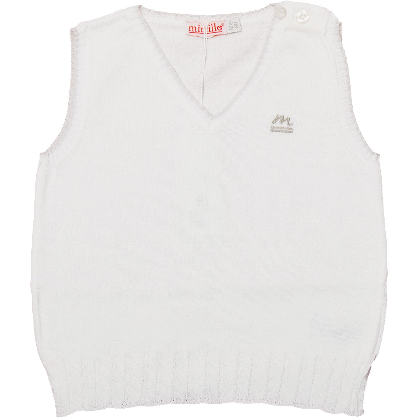 
  Tricot vest from the Mirtillo children's clothing line, with buttoning on the shoulder, braide...