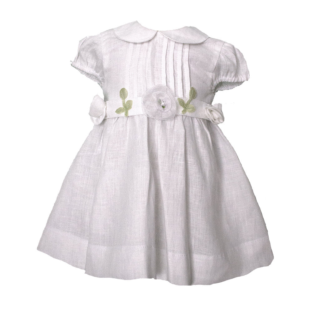 Linen dress from the Mirtillo girl's clothing line, with shirt collar, pleating under the necklin...