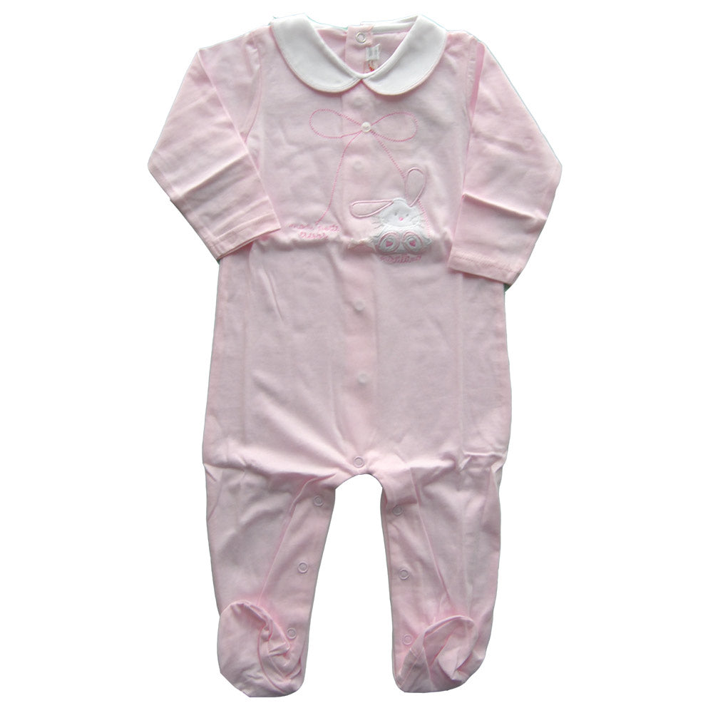 
  Baby footsuit from the Mirtillo girl's clothing line. Solid colour with collar
  and applicati...