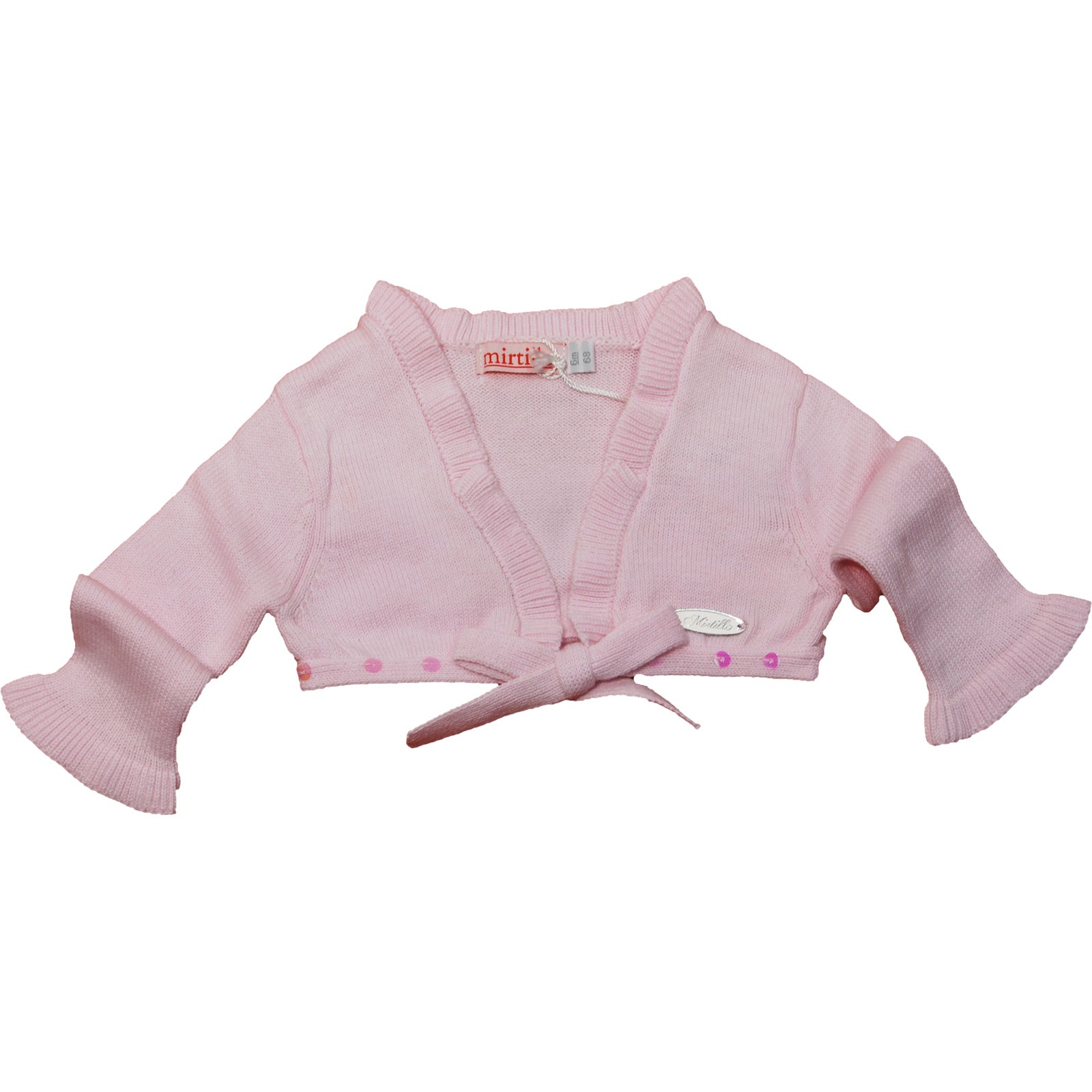 
  Girl's clothing line Mirtillo&nbsp; tricot shrugs, with bow on the front and applications of b...