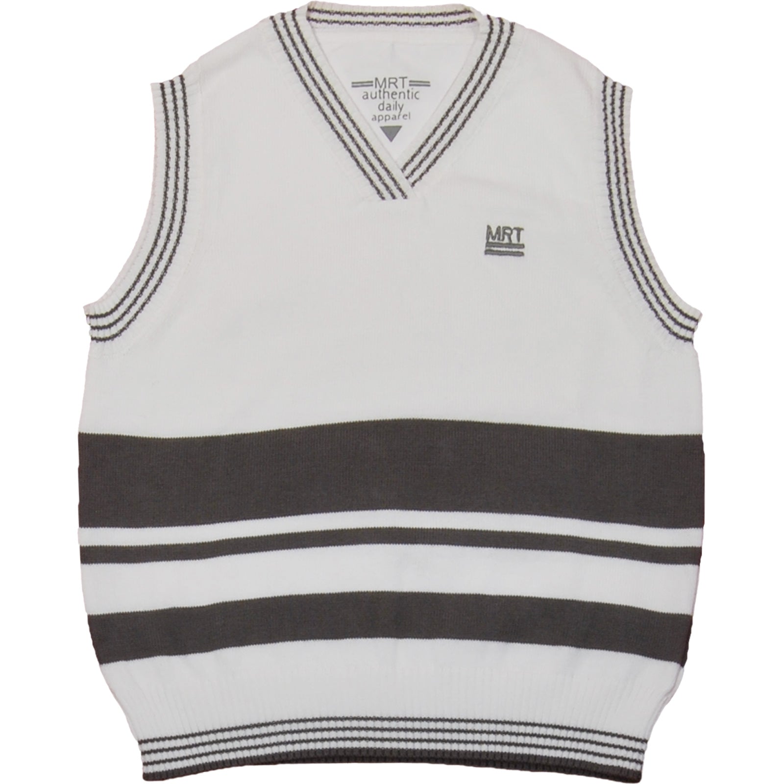 
  Tricot vest from the Mirtillo children's clothing line with dove-coloured striped v-neck on a ...