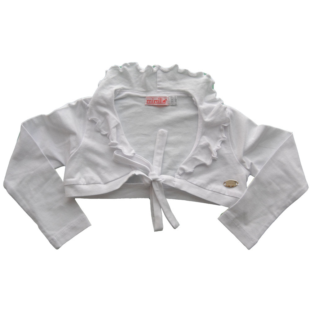 
  Heart warmer from the Mirtillo girl's clothing line. Solid colour with ruffles
  on the neckli...