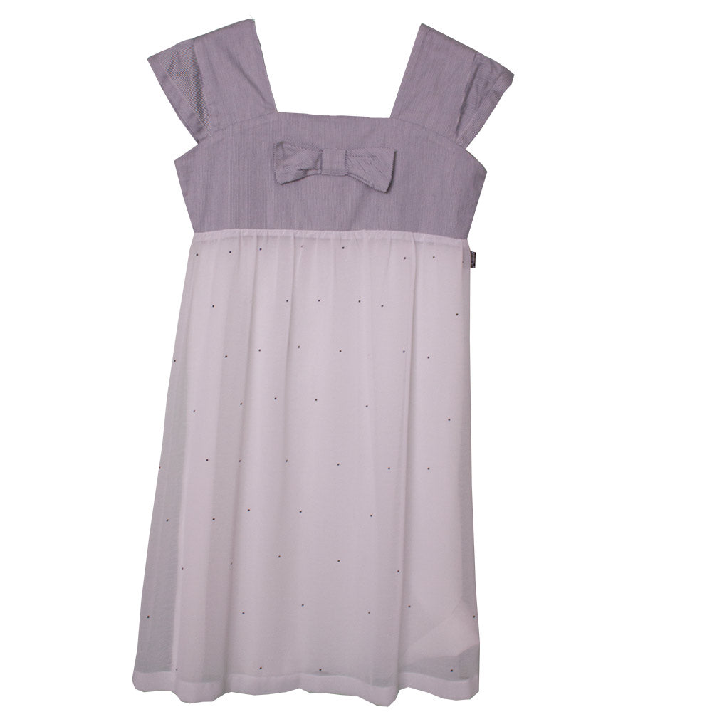 Dress from the Mirtillo children's clothing line in chiffon. Pinstripe neckline with bow; skirt w...