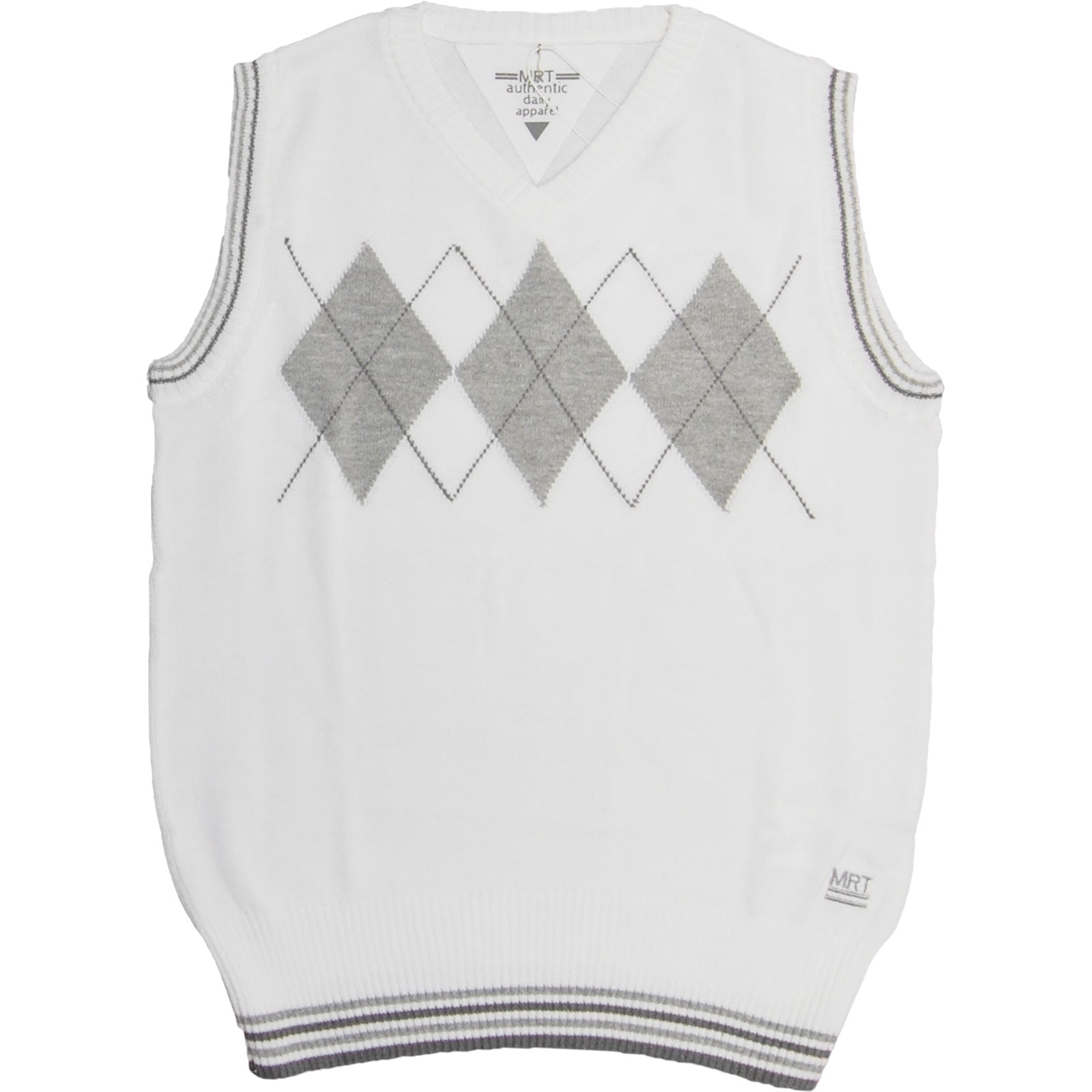 
  Tricot vest from the Mirtillo children's clothing line with rhombus patterned v-neck on a whit...