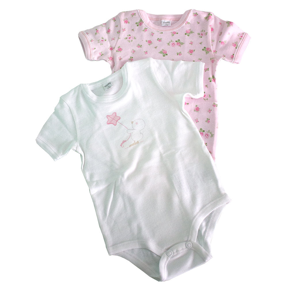 
  Pair of short-sleeved bodysuits from the Ninetta girl's underwear line. One with floral print
...